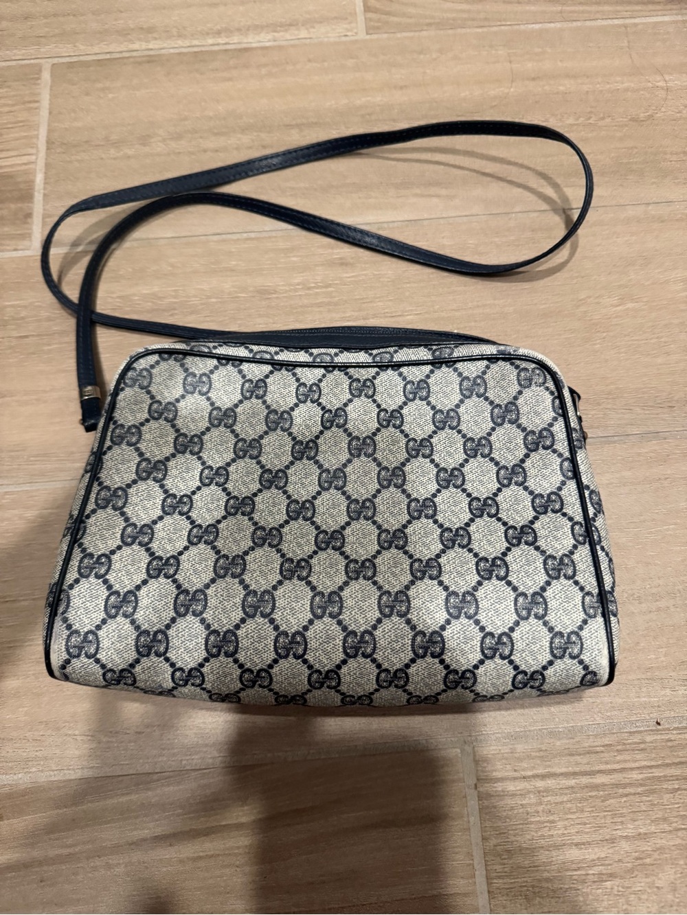 Vintage Gucci Beige and Navy Blue GG Monogram Crossbody Bag